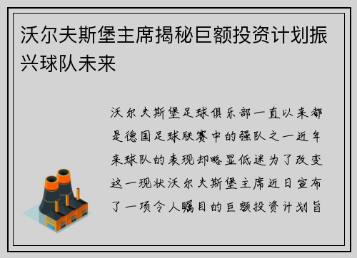 沃尔夫斯堡主席揭秘巨额投资计划振兴球队未来