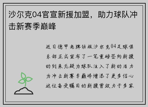 沙尔克04官宣新援加盟，助力球队冲击新赛季巅峰
